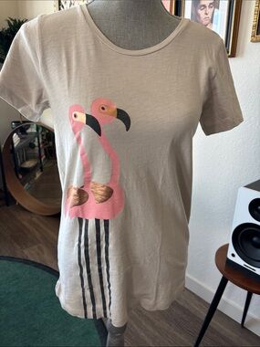 J. Crew Beige Tee with Pink Flamingo Graphic